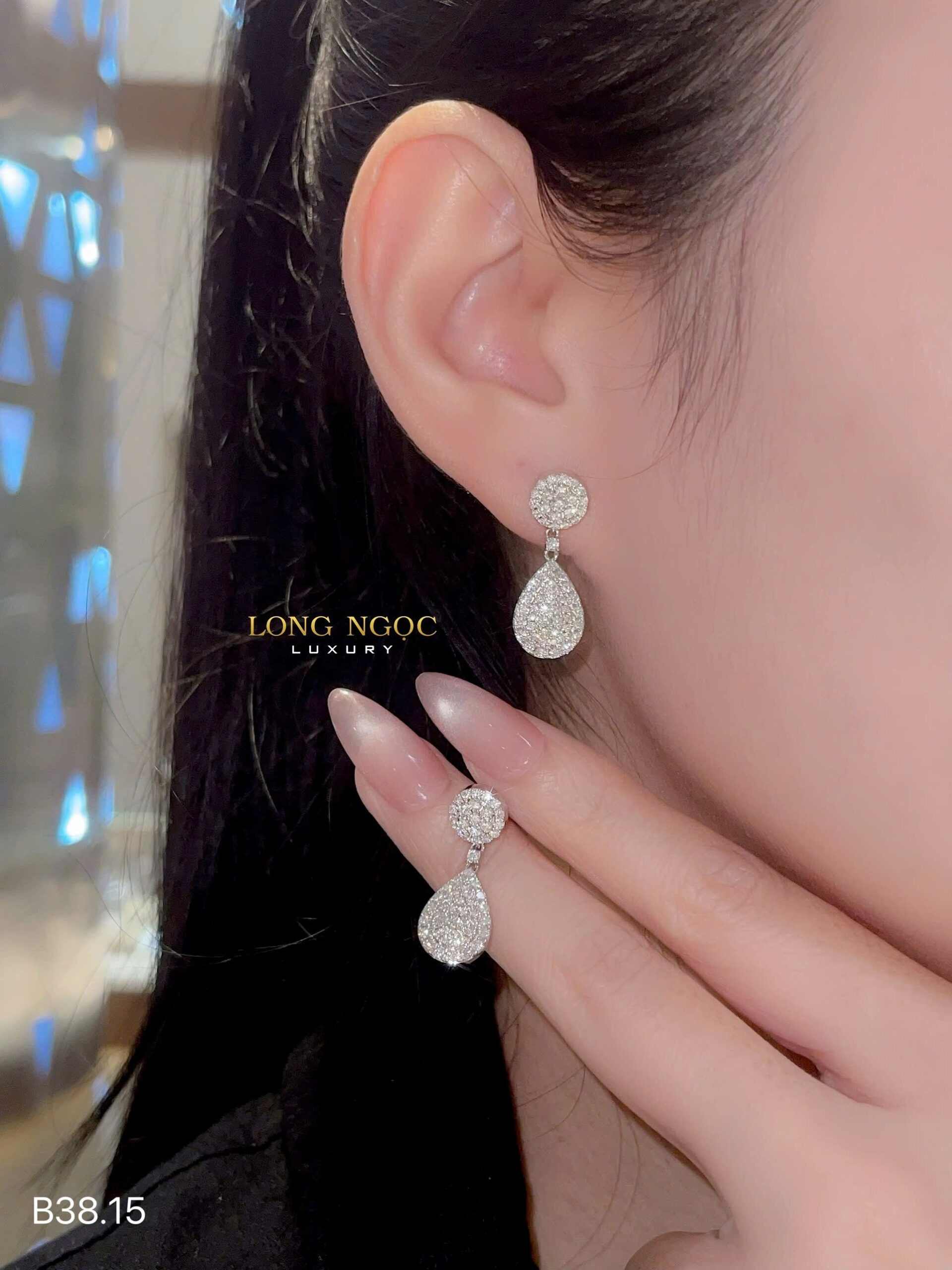 Bông tai b38.17 Bông tai tòn teng mặt giọt nước full xoàn